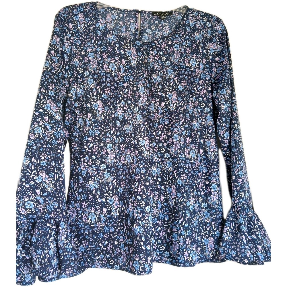 J Crew Blouse Top Women Size Medium Blue Floral Casual Bell‎ Ruffle Sleeve